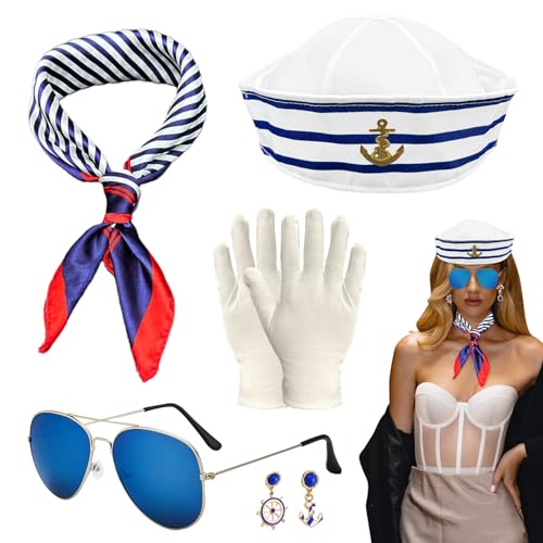 SKHAOVS 5 Stück Frauen Matrosen Kostüm Set Matrosenmütze Sonnenbrille Quadratisches Set,Marine Outfit,Kapitänsmütze Seemann Kapitän Verkleidungsparty für Damen Yacht Party Halloween Cosplay (5 PCS) von SKHAOVS