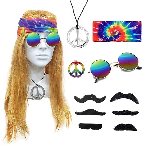 SKHAOVS 11 Stück Hippie Perücken Kostüm Zubehör Set mit brauner Perücke Batik-Stirnband, Regenbogen-Sonnenbrille, Peace-Zeichen-Nadeln, Halskette und falschen Bärten,70er Hippie Kostüm (11 PCS) von SKHAOVS