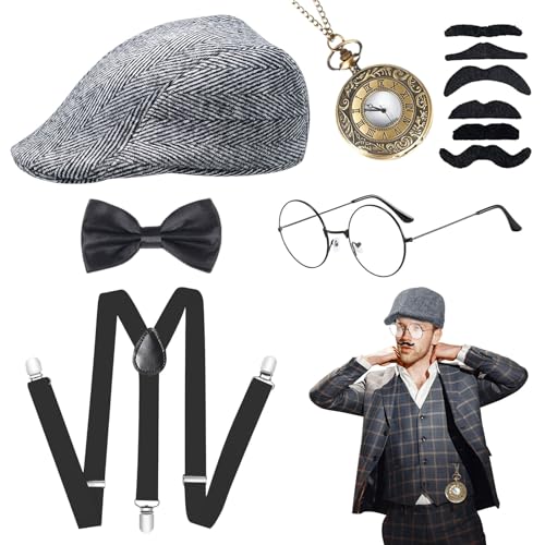 SKHAOVS 1920s Gangster Kostüm 20er Jahre Herren Accessoires, Mafia Gatsby Gatsby Kostüm Set, Gatsby Flapper Zubehör Set mit Panama Hut Hosenträger Fliege Retro Taschenuhr Bart Gläser (Set 2) von SKHAOVS