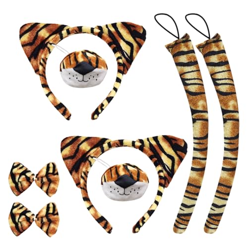 SKHAOVS 2 Sets Tiger-Kostüm,Tierkostüm-Set, Tigerohren und -schwanz Nase und Fliege Tiger-Tierkostüm-Set, Zubehör für Kinder und Erwachsene Halloween Cosplay Tier-Themenparty(Tiger) von SKHAOVS