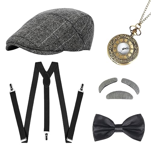 SKHAOVS 20er Jahre Herren Accessoires, Mafia Gatsby Gatsby Kostüm Set, 1920s Gangster Kostüm, Gatsby Flapper Zubehör Set mit Panama Hut Hosenträger Fliege Retro Taschenuhr Bart (Set 1) von SKHAOVS