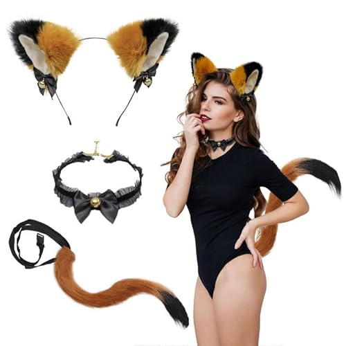 SKHAOVS 3 Stück Faschingskostüm, Fuchsohren Cosplay Set Fuchs Ohren Stirnband mit Glöckchen Halskette, Fuchs Kostüm für Anime Verkleidung Party Halloween Weihnachten Karneval Dress Up Party von SKHAOVS