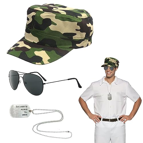 SKHAOVS 3 Stück Flieger Captain Kostüm Set Armee Taktische Militärmütze Camping Accessoires Camo Hüte für Männer Sonnenbrille Erkennungsmarke für Zubehör Halloween Party Kostüm Dress up (3pcs) von SKHAOVS