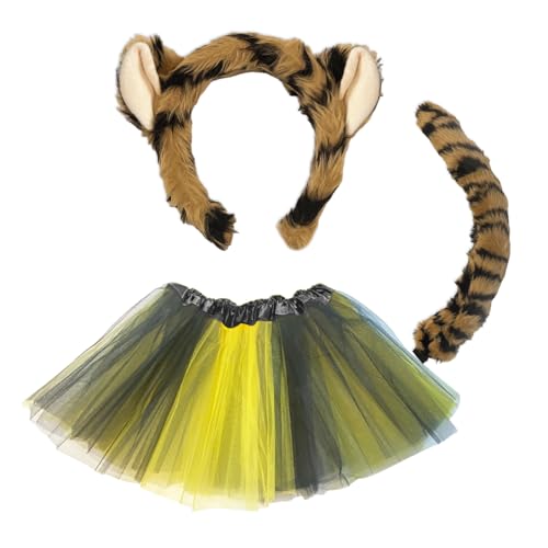 SKHAOVS 3 Stück Tiger Kostüm Set, Tiger-Cosplay-Set, Karneval Kostüm Kinder Tiger, Tierohren Stirnband+Schwanz+Tutu, Halloween Kostüm Faschingskostüme Zubehör für Fasching Cosplay Party (3 Stück) von SKHAOVS