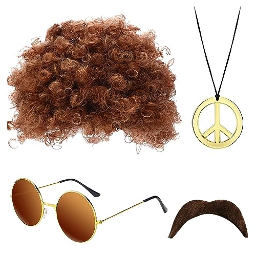 SKHAOVS 4 Stück Hippie Accessoires Set, Hippie Kostüm Herren, 70er 80er Jahre Perücke Disco Hippie Kostüm Set, Schnauzbart, Hippie Mode Afro Perücke,Für 50/60/70er Jahre Hippie Thema Party von SKHAOVS