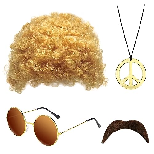 SKHAOVS 4 Stück Hippie Accessoires Set, Hippie Perücken Kostüm Zubehör Set, Hippie Mode Afro Perücke, Disco Perücke, Schnauzbart, 60er 70er 80er Kostüm Hippie Kostüm Disco Thema Party von SKHAOVS