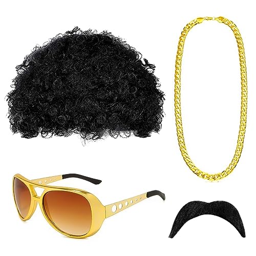 SKHAOVS 4 Stück Hippie Accessoires Set Hippie Perücken Kostüm Zubehör Set, Hippie Mode Afro Perücke, Frieden Zeichen Halskette, Schnauzbart, Für 50/60/ 70er Jahre Hippie Thema Party von SKHAOVS