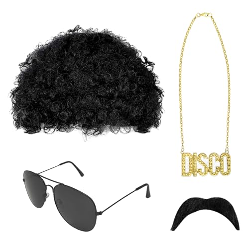 SKHAOVS 4 Stück Hippie Kostüm Set 70er 80er Jahre Perücke, Funky Afro Perücke, Perücke Herren, Hippie Accessoires, Schnurrbart Discoschild Halskette,Für 50/60/70er Jahre Hippie Thema Party (4 Stück) von SKHAOVS