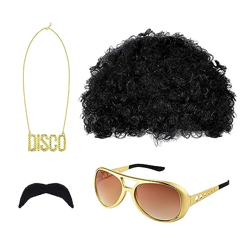 SKHAOVS 4 Stück Hippie Kostüm Zubehör, 70er 80er Jahre Perücke Disco Hippie Kostüm, Sonnenbrille Halskette, Hippie Afro Perücke, für 50s/60s/70s Cosplay Halloween Kostüm Thema Party (4 Stück) von SKHAOVS