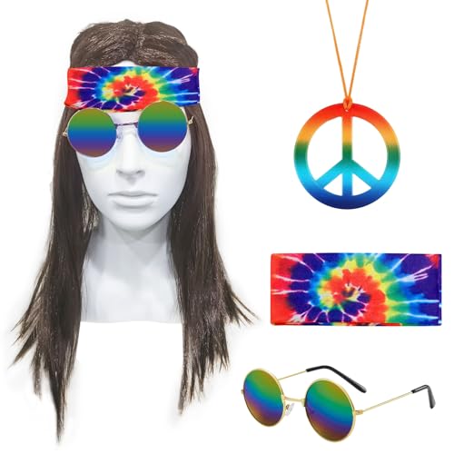 SKHAOVS 4 Stück Hippie Perücken Set Hippie Kostümzubehör Braune Perücke Sonnenbrille Peace Halskette Batik Stirnband 60/70er Kostümzubehör Halloweenkostüm Disco Stil Kostüm für Männer Frauen (4 Stück) von SKHAOVS