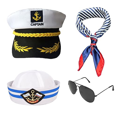 SKHAOVS 4 Stück Kapitän Matrosen Kostüm Set Marinekappe Matrosen Mütze Yacht Kapitän Hüte Kapitänsmütze Matrosenkostüm Schal Sonnenbrille Kapitän Matrosen Kostümzubehör Party Hüte von SKHAOVS