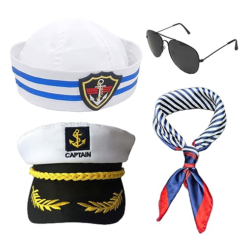 SKHAOVS 4 Stück Kapitän Matrosen Set Kapitän Matrosen Kostüm Marine Kappe Kapitän Mütze Matrosenmütze Schal Sonnenbrille Marineblaue Hüte Matrosen Party Kostüm für Erwachsene Kinder(4 Stück) von SKHAOVS