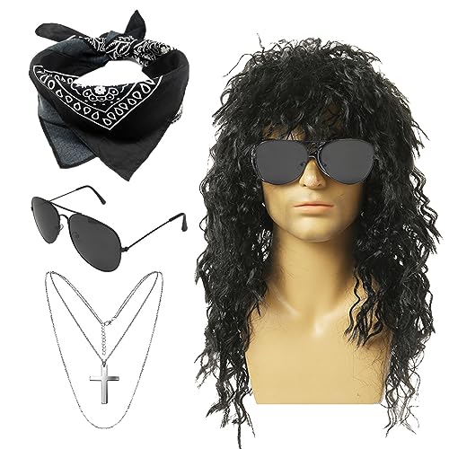 SKHAOVS 4 Stück Rock Kostüm Set 60/70/80er Disco Perücke Hippie Perücke Erwachsene Hippie Kostüm Lockige Perücke Sonnenbrille Bandana Kreuz Halskette Rock Perücke für Mottoparty Halloween von SKHAOVS