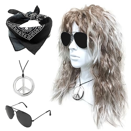 SKHAOVS 4 Stück Rock Perücken Set 60/70/80er Disco Perücke Kostüm Zubehör Hippie Kostüm lockige Perücke Sonnenbrille Bandana Peace Halskette Disco Kostüm für Mottoparty Halloween Bühne (Weiß Braun) von SKHAOVS