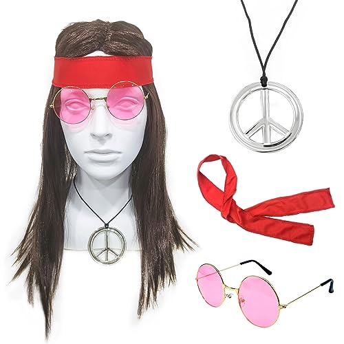 SKHAOVS 4PCS Hippie Kostüm Set 60er 70er 80er Jahre Herren Hippie Perücke Rock Perücke Disco Kostüm Braun Lange Gerade Perücke Sonnenbrille Bandana Halskette Perücke Kostüm Zubehör für Party Karneval von SKHAOVS