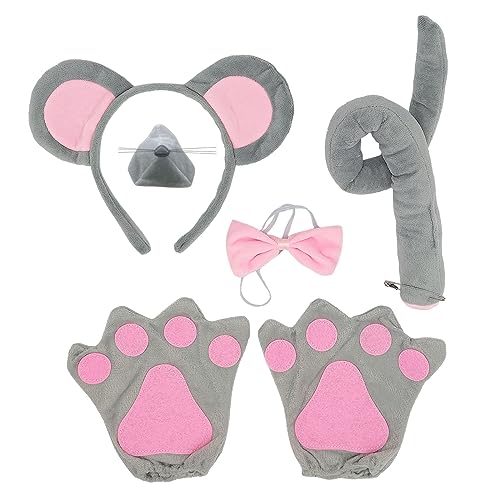 SKHAOVS 5 Stück Maus Kostüm Set Maus Nasenschwanz Handschuhe Rosa Fliege Ohr-Bandana Set,Tier Kostüm Set,für Erwachsene und Kinder Kostüm Party Dekoration Zubehör Ankleiden Spielen Halloween (5 Stück) von SKHAOVS