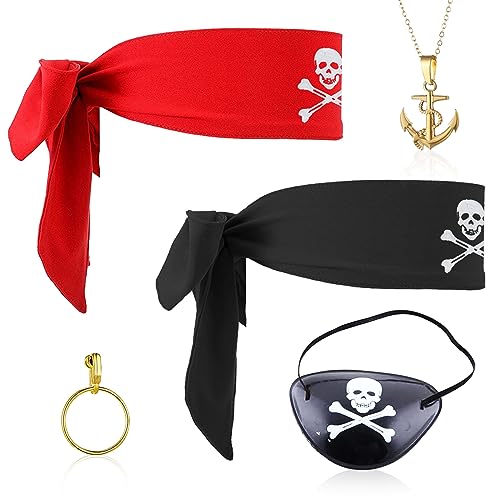 SKHAOVS 5 Stück Piraten Kostüm Zubehör Set, Vintage Piraten Accessoires, Piraten Augenklappen, Piraten Bandana, Piraten Kopftuch,Piraten Kapitän Dress Up Set für Halloween Deko Piratenparty (5 Stücke) von SKHAOVS