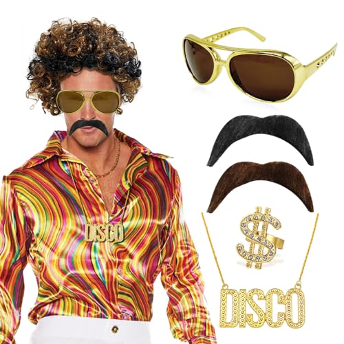 SKHAOVS 6 Stück Disco Hippie Kostüm Set, Herren Perücke, Afro Perücke, Fasching Disco Kostüm, 70/80 Jahre Bekleidung Hippie Kostüm Accessories,Cosplay Halloween Karneval Kostüm Thema Party von SKHAOVS