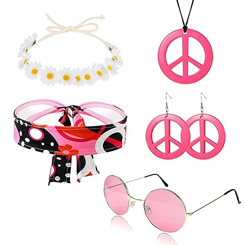 SKHAOVS 70er Hippie Kleid Kostüm Accessoires für Damen, Hippie Kostüm Damen, Hippie Kostüm Accessoires Set, 60er 70er Jahre Bekleidung, Disco Outfit Kostüm für Karneval Party, Halloween (Rosa) von SKHAOVS