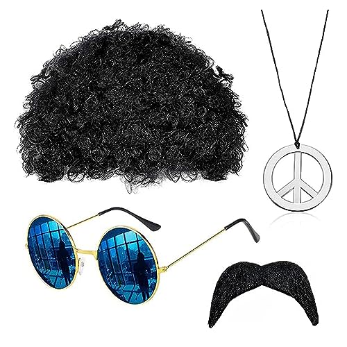 SKHAOVS Hippie Kostüm Set Funky Afro Perücke, Hippie Accessoires, Karneval Perücke, Perücke Herren, Frieden Zeichen Halskette, Schnauzbart,für Fasching Karneval oder auf Festivals Thema Party (4Pcs) von SKHAOVS