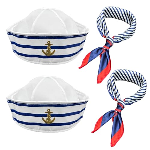 SKHAOVS Kapitän Matrosen Kostüm Set, Streifen Matrosenmütze und Schal Set,Matrosenschiff-Kappe, Einheitsgröße, Marine Outfit, Verkleidungsparty für Damen und Herren, Kostümzubehör (Blau) von SKHAOVS