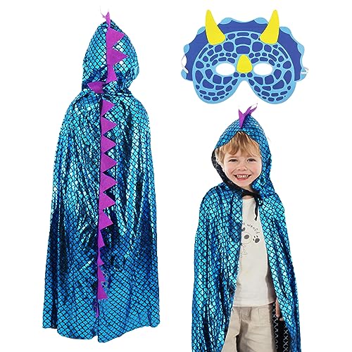 SKHAOVS Karneval Dinosaurier Halloween Dinosaurier Maske Umhang Blau Kapuzenumhang Hexe Cosplay Umhang für Halloween Maskerade Familienfeier Halloween Kostüm Kapuze Umhang (Blau) von SKHAOVS