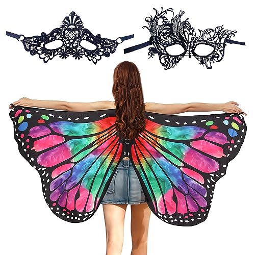 SKHAOVS Schmetterlingsflügel Verkleidung Fee Schmetterlingsflügel Umhang Halloween Schmetterling Umhang mit Augenmaske Schmetterling Schal für Mädchen Cosplay Zubehör(Regenbogen) von SKHAOVS