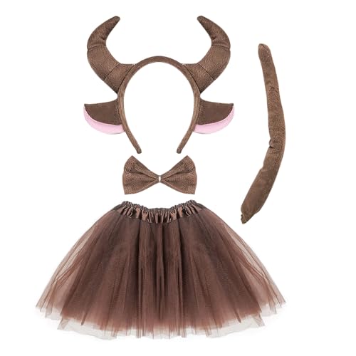 SKHAOVS Tierkostüm Junge und Mädchen, Stier-Cosplay-Set, Karneval Kostüm Tiere, Stirnband+Fliege+Schwanz+Tutu, Halloween Kostüm Faschingskostüme Zubehör für Fasching Cosplay Party (Braun) von SKHAOVS