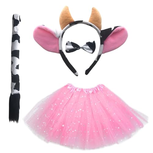 SKHAOVS Tierkostüm Kinder, Kuh-Cosplay-Set, Karneval Kostüm Kinder Tiere, Tierohren Stirnband+Fliege+Schwanz+Rosa Tutu, Halloween Kostüm Faschingskostüme Zubehör für Fasching Cosplay Party (Rosa) von SKHAOVS