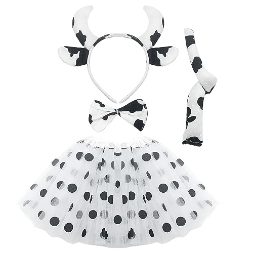 SKHAOVS Tierkostüm Kinder, Kuh-Cosplay-Set, Karneval Kostüm Kinder Tiere, Tierohren Stirnband+Fliege+Schwanz+Tutu, Halloween Kostüm Faschingskostüme Zubehör für Fasching Cosplay Party (Weiss) von SKHAOVS