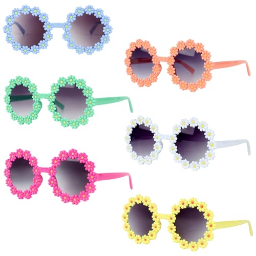 SKIKHN 6 Stück Gänseblümchen Sonnenbrille, Blumen Sonnenbrille Kinder, Kinder Runde Blumen Sonnenbrillen Set, Party Brille Rund, Partybrille Spaßbrille Sonnenbrille, für Festival Party Strandzubehör von SKIKHN