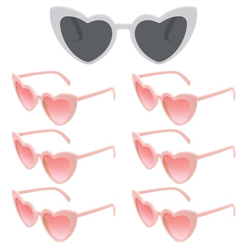 SKIKHN 7 Stück Herz Sonnenbrille, Herz Party Brillen, Farben Party Brille, Herzförmige Sonnenbrille für Strand Party Foto Requisiten, Hochzeits-Accessoires, Bridesmaid Gift (Weiß + Rosa) von SKIKHN