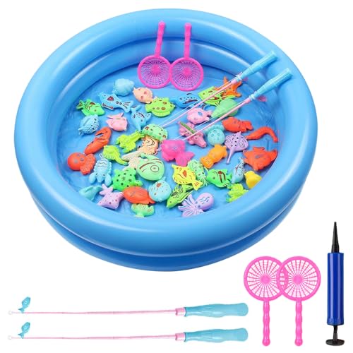 SKIKHN Angeln Spielzeug, 54 Stück Magnetisches Angeln Spielzeug, Badespielzeug Fische Angeln Spielzeug Fishing Game mit Pool,Rute und Netz, Water Bath Pool Outdoor Toys for Kids Toddlers Baby von SKIKHN