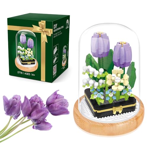 SKIKHN Blumen Bausteine Set, Tulpe Unsterblicher Blumenstrauß Baustein mit Schutzhülle, Kunstpflanzen Bausteine für Erwachsene, Blumenstrauß Bausteine Set, Geschenk für Mama Freundin (Lila Tulpe) von SKIKHN