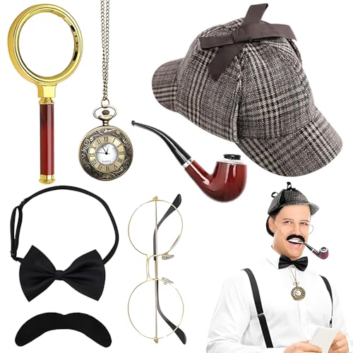 SKIKHN Detektiv Kostüm Zubehör Set,7 STK Sherlock Holmes Zubehör Accessoires,mit Detektivhut Lupe Metallbrille Herrenfliege Bart,Detektiv Cosplay Requisiten für Karneval Cosplay Maskerade Event Party von SKIKHN