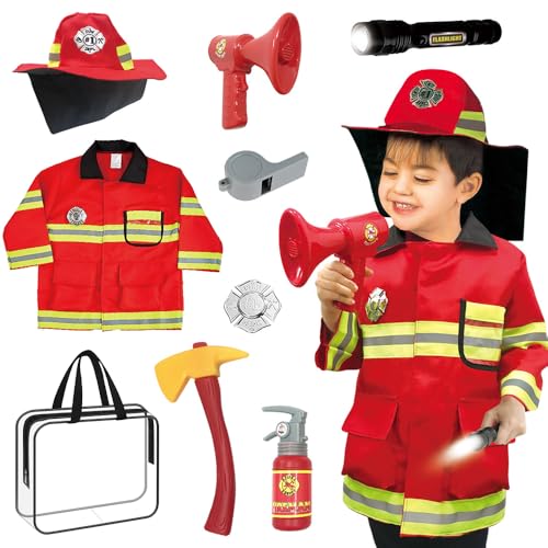 SKIKHN Feuerwehr Kostüm Kinder, Feuerwehrmann Kostüm Kinder, Waschbares Feuerwehr Rollenspiel Set, mit Feuerlöscher Feuerwehrhelm Feuerwehrmann Spielzeug, Feuerwehrmann Kind Fasching Karneval von SKIKHN