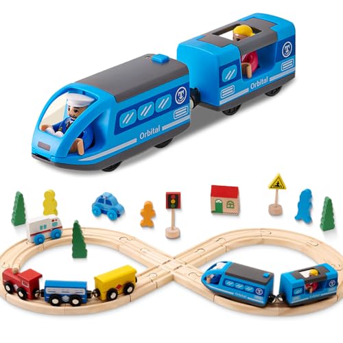 SKIKHN Holzeisenbahn Set für Kinder, 35 Stück Holzeisenbahn Schienen und Zugspielzeug, Modelleisenbahn-Set, Holz Eisenbahn Kinder mit Verkehrsschilder, Ampeln, Bäume usw. Geschenk für ab 3+ Jahren SKIKHN Holzeisenbahn Set für Kinder, 35 Stück Holzeisenbahn Schienen und Zugspielzeug, Modelleisenbahn-Set, Holz Eisenbahn Kinder mit Verkehrsschilder, Ampeln, Bäume usw. Geschenk für ab 3+ Jahren von SKIKHN