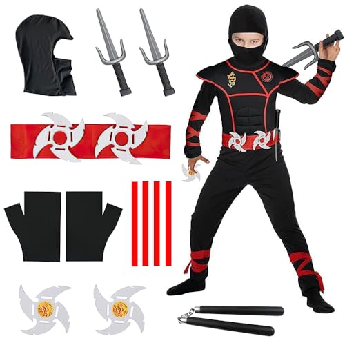 SKIKHN Ninja Kostüm Kinder, 14Pcs Kind Deluxe Ninja Kostüm set, Ninja Anzug Jungen Mädchen, mit Ninja Dolchen und Wurfsternen, Ninja Zubehör Kostüm für Rollenspiel Halloween Karneval (M, Rot Schwarz) von SKIKHN