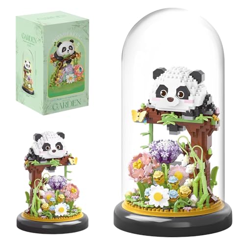 SKIKHN Panda Mini Bausteine Set, Panda Blumenstrauß Bausteine Bausatz, 999 Stück Blumen Bauspielzeugsets mit Staubdichte Kuppel Und Sockel, Geschenke für Erwachsene und Kinder von SKIKHN