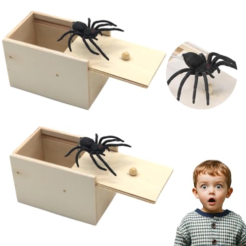 SKIKHN Spinne In Box,2 Stücke Spider Prank Scare Box, Holz Spinne Streich-Box,Streich Spinne Angst Box,Überraschungs-Streichschachtel mit gefälschten Spinnen für Kinder Erwachsene Party Favors Gifts von SKIKHN