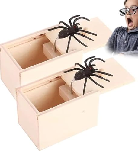 SKIKHN Spinne In Box,2 Stücke Spider Prank Scare Box, Holz Spinne Streich-Box,Streich Spinne Angst Box,Überraschungs-Streichschachtel mit gefälschten Spinnen für Kinder Erwachsene Party Favors Gifts von SKIKHN