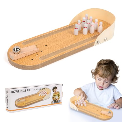 SKIKHN Tisch Bowling Set,Hölzern Tischbowling mit 10 Pins,Mini Bowling Spiel, Bowling Set Kinder,Kegeln Mini Spiele für Kinder Erwachsene,Geschicklichkeitsspiele Druck Abbauen Spielzeug für Büro Party von SKIKHN