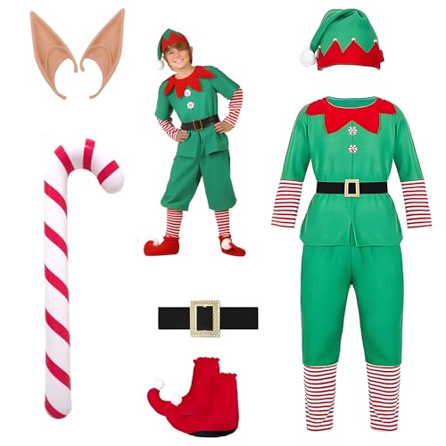 SKIKHN Weihnachtselfe Kostüm, Elfenkostüm Kinder, Festliche Elfenkleidung Herren, Elfen Kostüm mit Hat, Zuckerstange, Elfenohren, Elfen Kostüm Weihnachten Zubeör für Weihnachtsparty Cosplay (130 CM) von SKIKHN