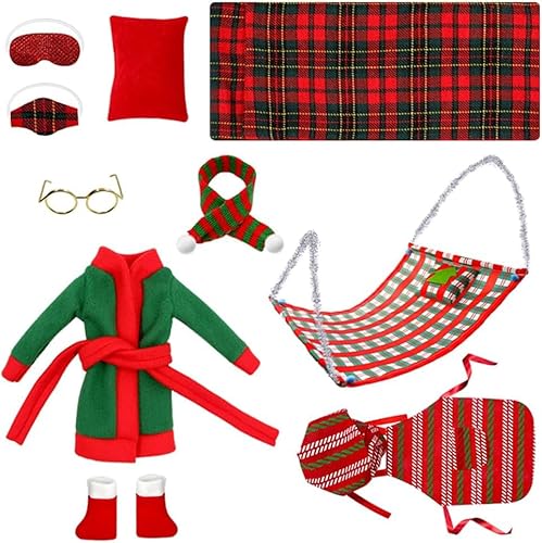 SKIKHN Wichtel Zubehör Weihnachten, 11 Stück Weihnachtself Zubehör, Puppen Zubehör Weihnachtselfen, Elf Hängematte, Schlafsack, Schürze, Schal, Brille, Augenmaske, Schuhe, Bademantel, Elf Kleidung von SKIKHN