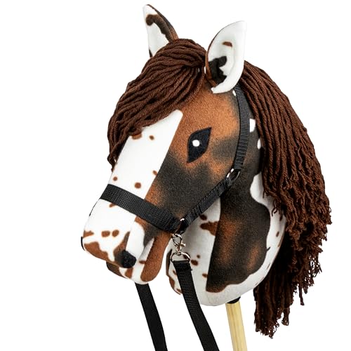 SKIPPI Hobby Horse Braunschecke, Großes Steckenpferd A3, Schecke Hobby Horse mit einem Halfter und Zügeln im Set, Weißes Pferd mit Braunen Flecken, Hobby Horsing Pferd, Stockpferd von SKIPPI