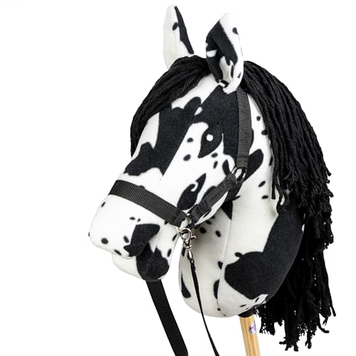 SKIPPI Hobby Horse Rappschecke, Großes Steckenpferd A3, Schecke Hobby Horse mit einem Halfter und Zügeln im Set, Weißes Pferd mit Schwarzen Flecken, Hobby Horsing Pferd, Stockpferd von SKIPPI