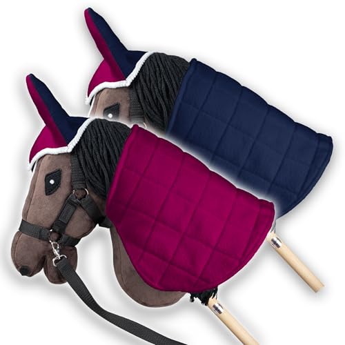 SKIPPI Wendbare Decke und Fliegenhaube für Hobby Horse – Fuchsia und Marineblau, Hobby Horse Zubehör, Zweifarbige Pferdedecke und Fliegenohren für Steckenpferd, für meisten Pferde A3 und A4 von SKIPPI