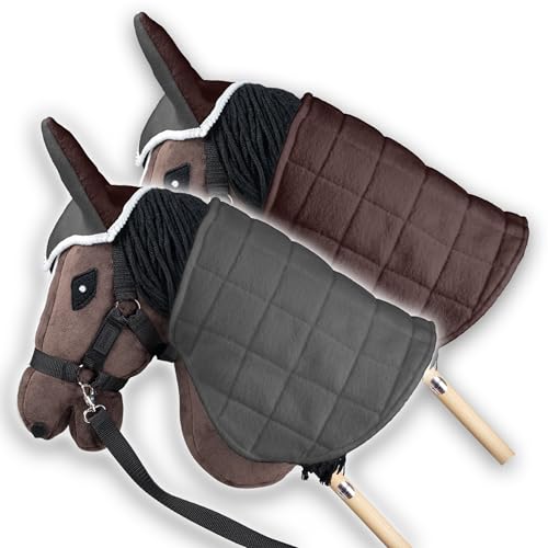 SKIPPI Wendbare Decke und Fliegenhaube für Hobby Horse – Graue und Braune, Hobby Horse Zubehör, Zweifarbige Pferdedecke und Fliegenohren für Steckenpferd, für meisten Pferde A3 und A4 von SKIPPI