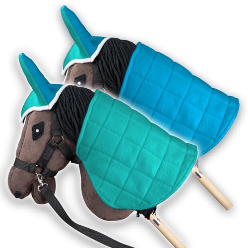 SKIPPI Wendbare Decke und Fliegenhaube für Hobby Horse – Mint und Blaue, Hobby Horse Zubehör, Zweifarbige Pferdedecke und Fliegenohren für Steckenpferd, für meisten Pferde A3 und A4 von SKIPPI