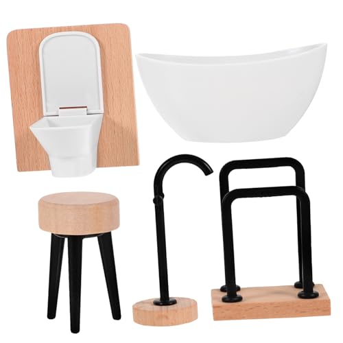 SKISUNO 5 Teiliges Puppenhaus Badezimmer Set Miniatur öbel Für Puppenhaus Badewanne Toilette Schminktisch Wasserhahn Und Handtuchhalter Perfekte Badezimmer Dekoration Für von SKISUNO